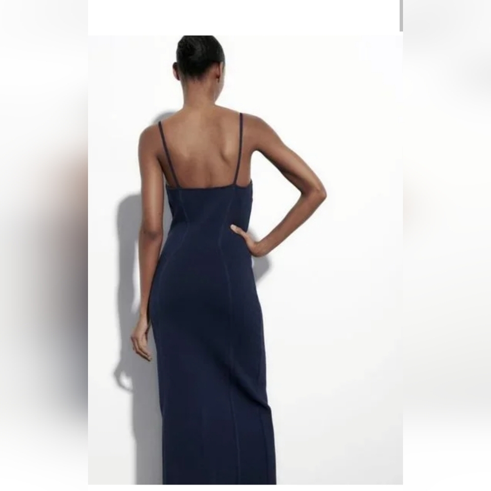 NWT Zara Navy Blue Bustier Midi Dress Corset Style Bodycon M - Picture 3 of 12